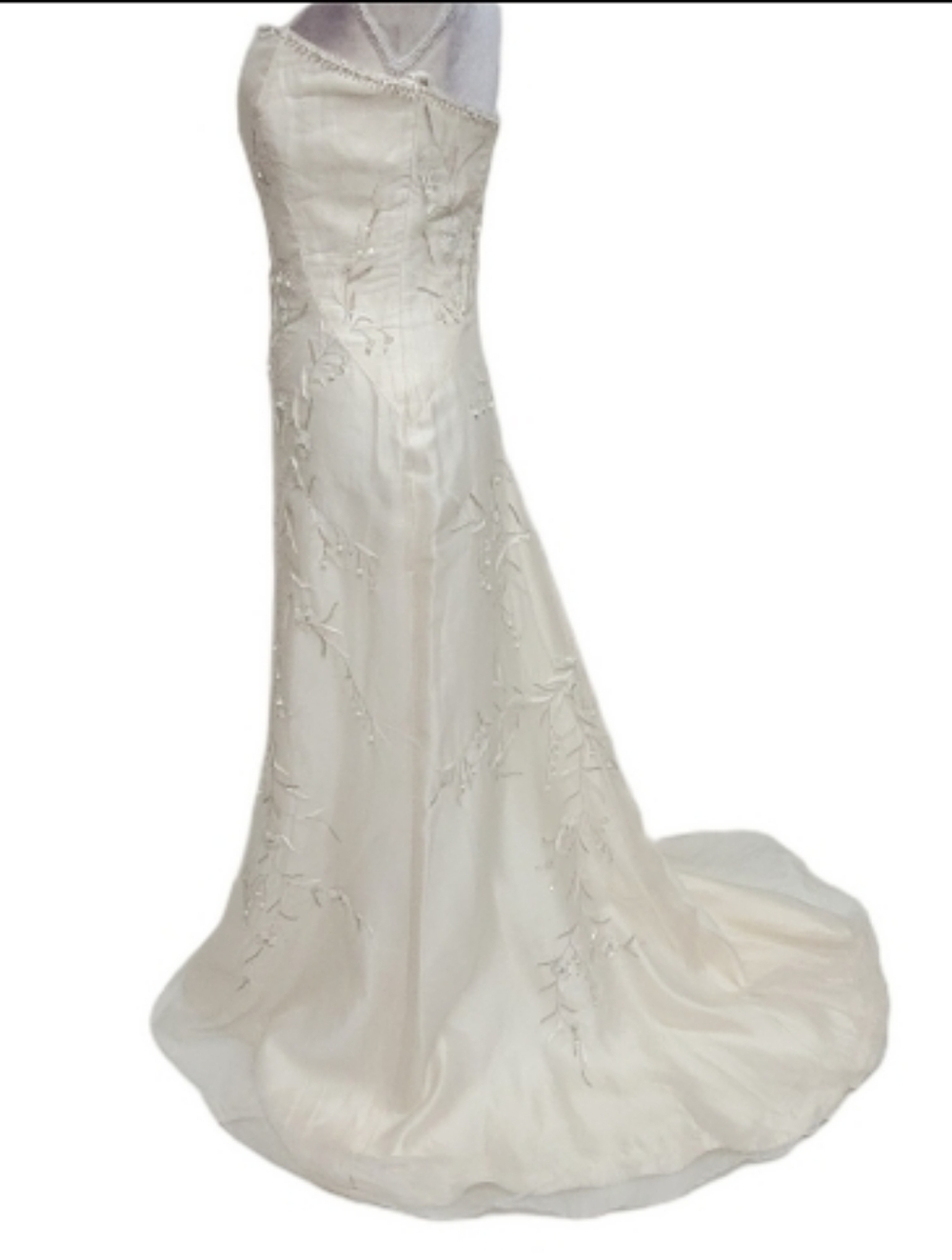 90s Vintage Lazaro Cream Silk Floral Embroidered Pearl Strapless Column Dress 10 - Picture 6 of 13
